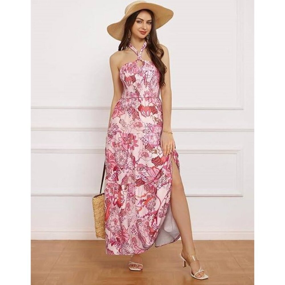 GRACE KARIN Women's Halter Neck Sleeveless Floral Maxi Dress Size L In Pink